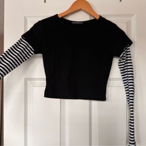 Brandy Melville black top with black&white striped sleeves